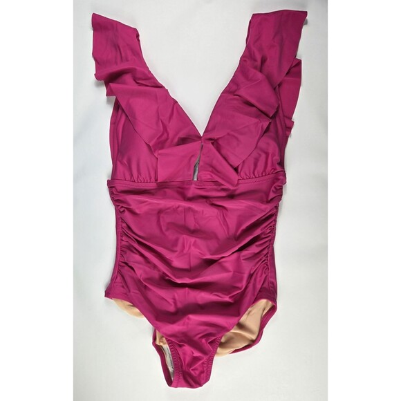 J Crew Women's Size 8 Ruched Ruffled Radiant Pink One Piece Swimsuit NWT BP222 - Picture 1 of 6